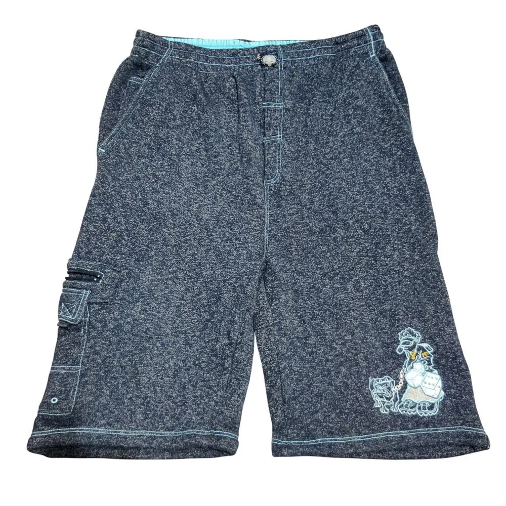 PF XXL Blue Cargo Shorts Baggy Y2K Skater Embroidered Graphic Hip Hop Vintage